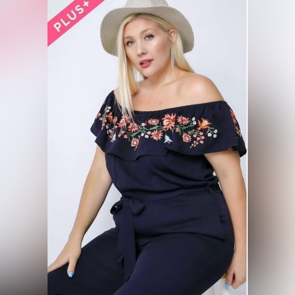 NWT!NAVY FLORAL EMBROIDERED RUFFLED OFF-SHOULDER NECKLINE WIDE LEG Size 1X 2X 3X - Picture 2 of 7